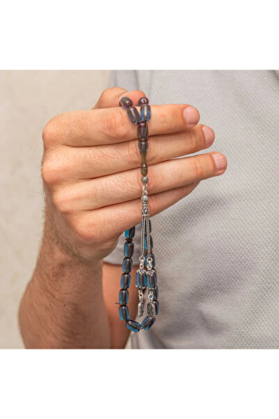 ÇETSTORE Silver Tasseled Capsule Cut Squeezing Amber Rosary