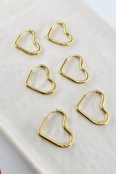 By Zeyna Aksesuar Women's 316 L Stainless Steel Anti Allergenic 3 Sizes Set of 6 Heart Shaped Geometric Earrings