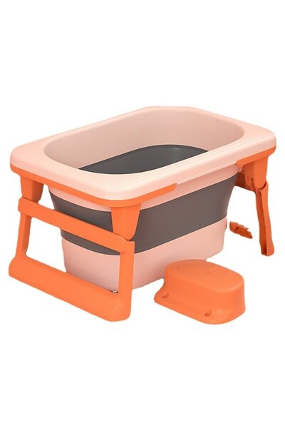 LEIBOO Folding Bath Tub with Legs, Drain Plug, 0-6 years, PE + TPE, 80 cm x 52 cm x 42 cm, Pink, Ora