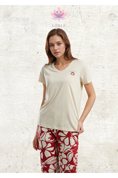 Loule Women's Clothing Short Sleeve V-Neck Cream Pajama Set L1.Ar.324.0.001