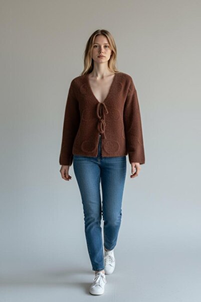 trivvy Women's Bearded Embossed Patterned Front Tie Cardigan Jacket