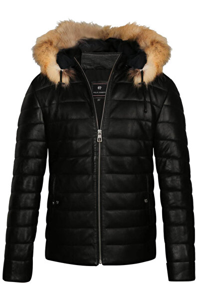 Felix Hardy Erkek Siyah Kürk Detaylı Kapüşonlu Deri Mont