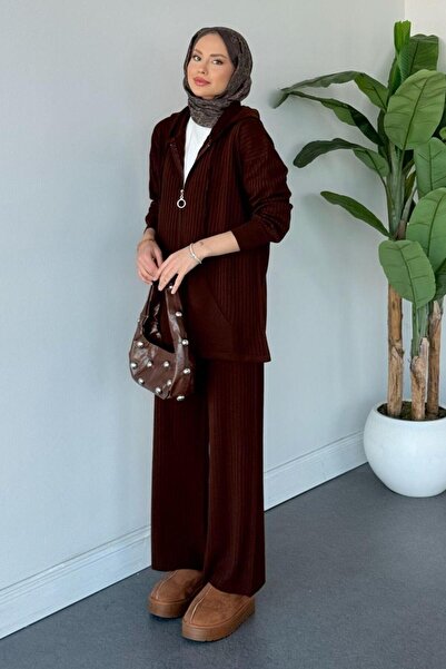 Şulemoda Giyim Enji Kapşonlu Takım Kahverengi