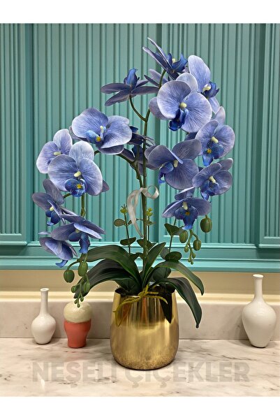 NEŞELİ ÇİÇEKLER Yapay Çiçek Islak Orkide Mavi 2 Dallı Gold Metal Saksıda 55 cm Dekoratif Hediye Salon Çiçeği
