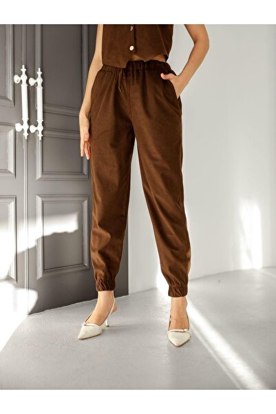 EsSo butik Women's Corduroy Pocketed Elastic Waist Jogger Pants