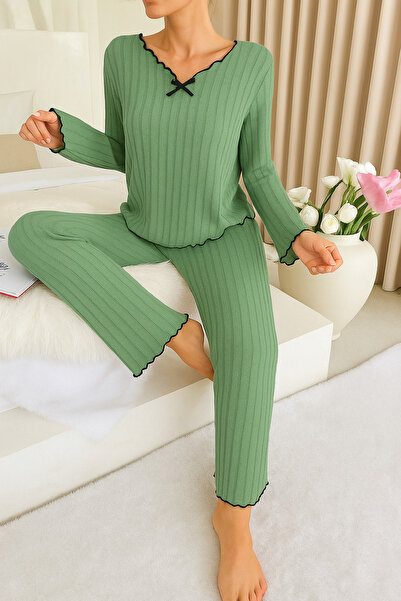 Biraltı Moda Set de pijamale pentru femei din bumbac cu mâneci lungi și detaliu cu fundă