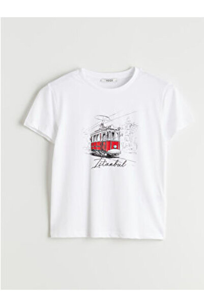 LC Waikiki M1 Sezon White Crew Neck Istanbul B Printed Women's T-Shirt