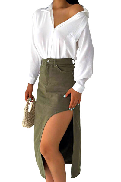 FashionForYou Denim skirt, Kasy, with front/back pockets and side slit, Khaki, S