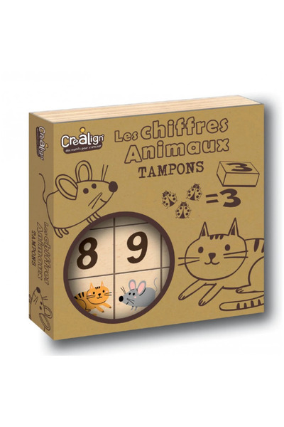 Crealign Set de ștampile din lemn - Animale și numere, CRÉA LIGN (15 buc.)