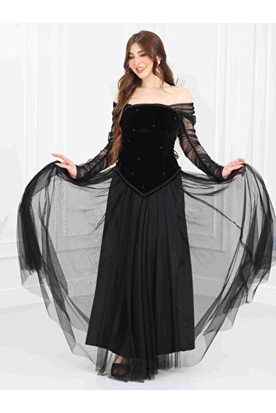 Nice Model Black Velvet Tulle Evening Dress Off Shoulder Long Sleeve Formal Gown Stone Embellished Elegant