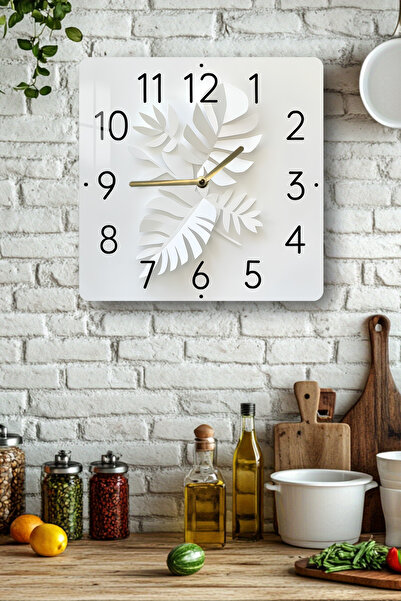 kutuTR White Leaf Pattern Tempered Glass Square Clock 33X33 cm Size Uv Printing - Kcs037