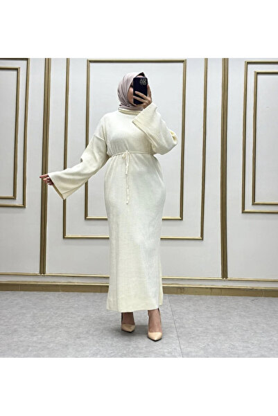 diloş butik Balıkçı Yaka Balon Kol Kemerli Düz Renk Triko Elbise