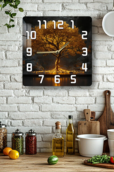 kutuTR Golden Light Tree Themed Tempered Glass Square Clock 33X33 cm Size Uv Printing - Kcs038