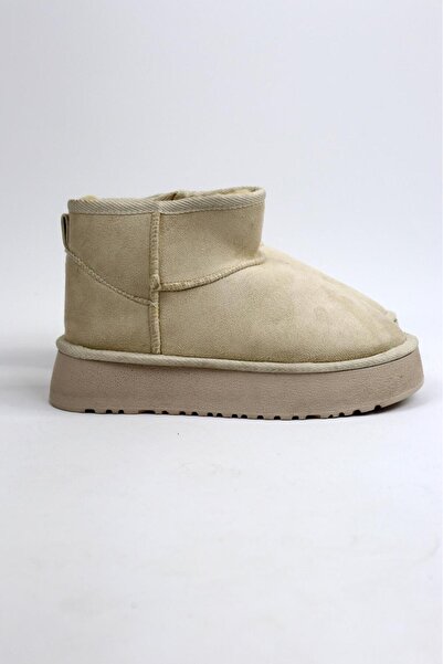 moda gim Kadın bej Süet Içi Kürklü Yünlü Kalın Tabanlı Yüksek Topuklu Taban Kışlık Bilekte Kısa Mini Ug Bot