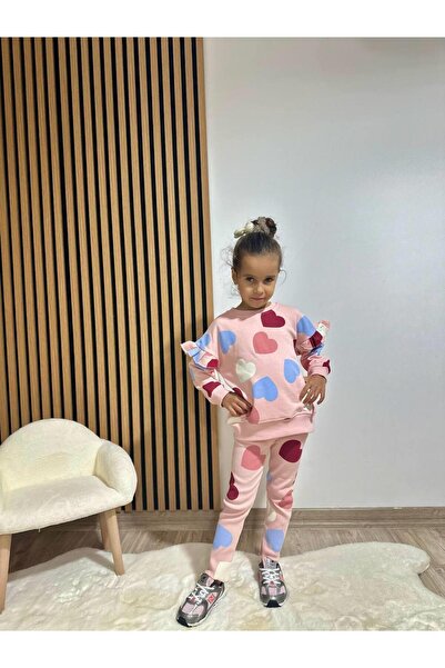 Magu Kız Çocuk Pamuklu Pudra Kalpli Sweatshirt ve Tayt Takım - Fırfır Omuz Detaylı