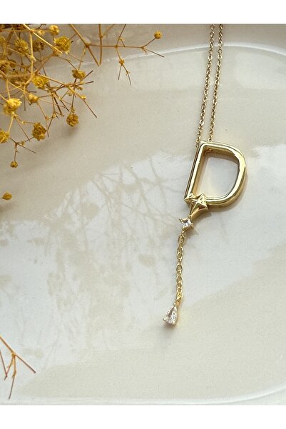 Blotch Uzak Şehir Popüler Sallantılı Zirkon Taş Detaylı D Harf Çelik Kolye 2 cm