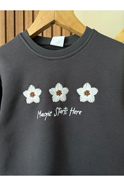 Magu Σετ κοριτσίστικο φούτερ με κέντημα με λουλούδια από βαμβακερό ανθρακί και κολάν flare - με λεπτομέρεια με βολάν