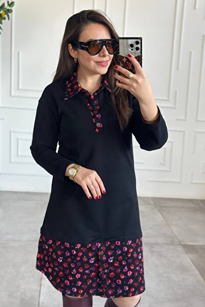 Yağmur Butik Sweat Dress with Skirt and Collar Flannel Detail