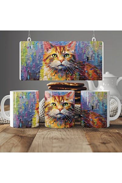 Beramussa Colorful Brush Textured Cat Figured Mug – Abstract Style Cat Design...