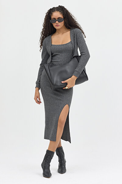 Eco Sense Long Slit Gray Dress and Crop Bolero Set - Stylish & Modern Fall Winter Combination