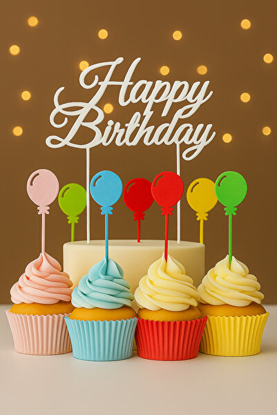 Atolye Doruk Mixed Balloons Birthday Cake Decoration Set - Happy Birthday Cake Lettering - Balloon Cupcake Picks