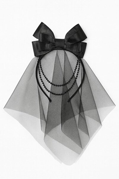 Magu Girl's Black Tulle Bow Chain Detailed Crown – Stylish Cotton Hair Accessory