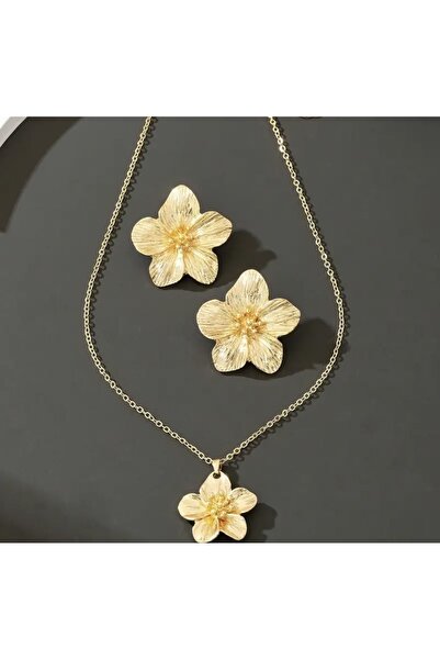 monalisatoka Kadın Gold Çiçek Küpe Kolye Seti