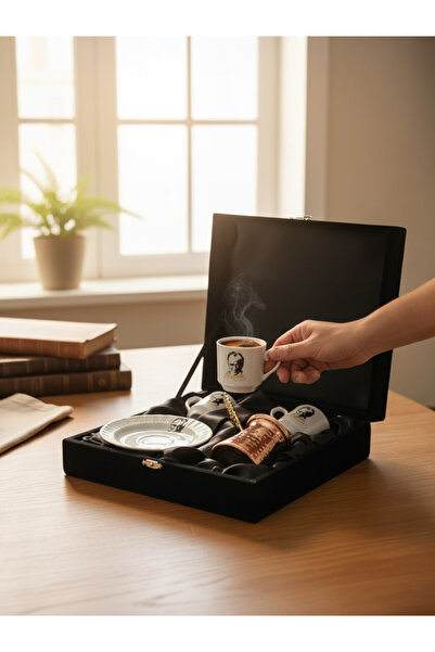 ÅLÅ OTANTİK HEDİYELİK Ataturk Signed, Double Cup & Coffee Pot Set with Velvet...