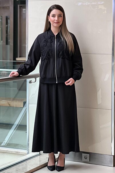 Nurcan Çetin Guipure Detailed Bomber Jacket Skirt Set