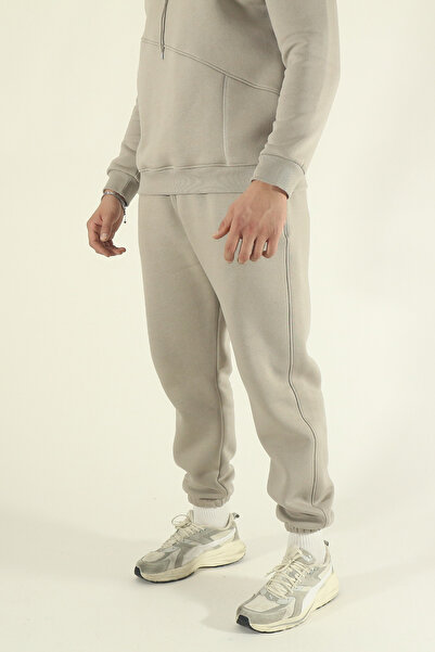 EydaMoon Ανδρικό χειμερινό σετ αθλητικών φορμών με φλις εσωτερικά, ύφασμα πουφ, κουκούλα, 3 κλωστές και πλαϊνές τσέπες - Πέτρα