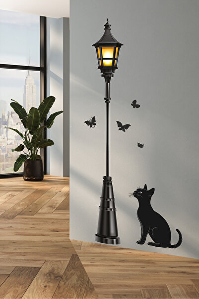 Sticker Sepetim Kelebekli Sokak Lambası ve Kedi Temalı Dekoratif Duvar Stickerı