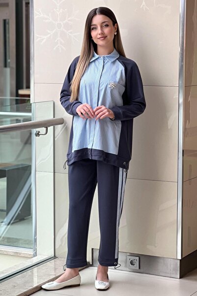 Mahal Crochet Knitwear Striped Poplin Mix Trouser Set