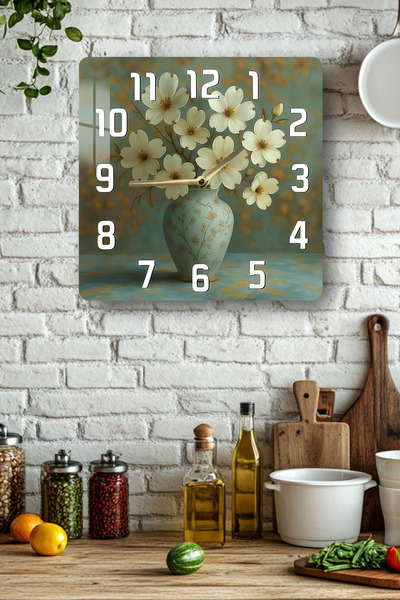 kutuTR White Floral Vase Themed Tempered Glass Square Clock 33X33 cm Size Uv Printing - Kcs045