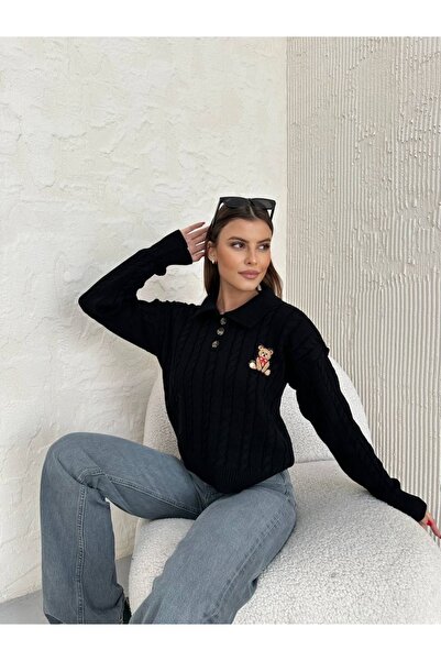 Hazinedan Pulover tricotat cu nasturi împletit cu păr brodat cu ursuleț pentr...