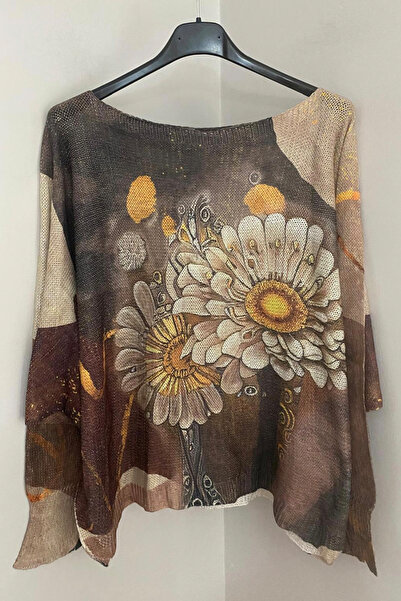 AYASOFYA OTANTIK Γυναικείο πουλόβερ μεσσεριζέ μπλούζα με μοτίβο καπουτσίνο ιταλικού τύπου με μοτίβο μαργαρίτας