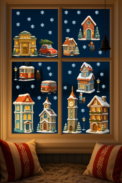 Echo Home New Year Sticker New Year Snowy City Buildings Glass Wall Door Stic...