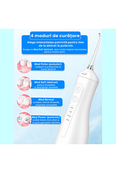 OEM Irigator Bucal Portabil, 4 Moduri, Rezervor 300 ml, 4 Duze Incluse, USB-C, IPX7, Alb