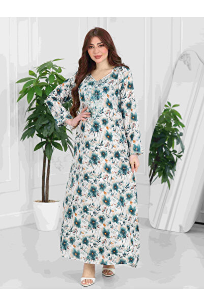 Nice Model Modest Floral Maxi Dress Long Sleeve V-Neck Loose Fit Elegant Women's Home Wear Caftan Abaya