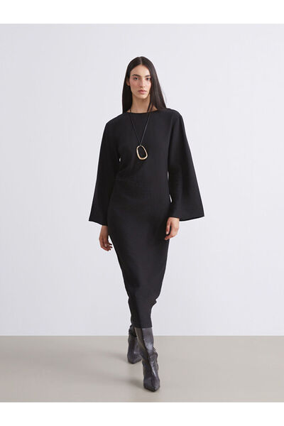 LC Waikiki Μαύρο φόρεμα με υφή με λαιμόκοψη και κορδόνι