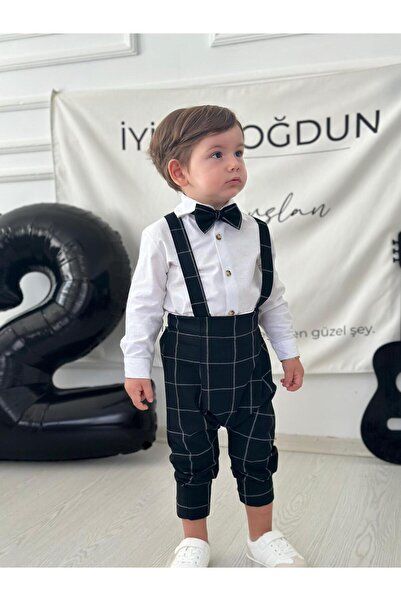 Z KİDS Siyah Kareli Salopet Gömlek Tulum Papyon Erkek Bebek Çocuk Takım