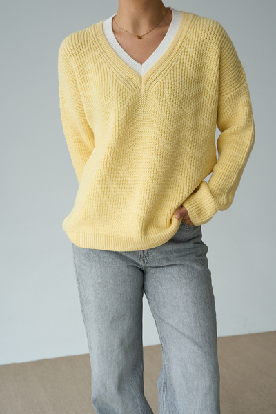 LOOSH Kadın Sarı V Yaka Oversize Dokulu Kazak