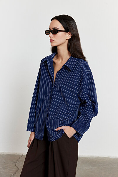 FACETTE Çizgili Oversize Gömlek Lacivert