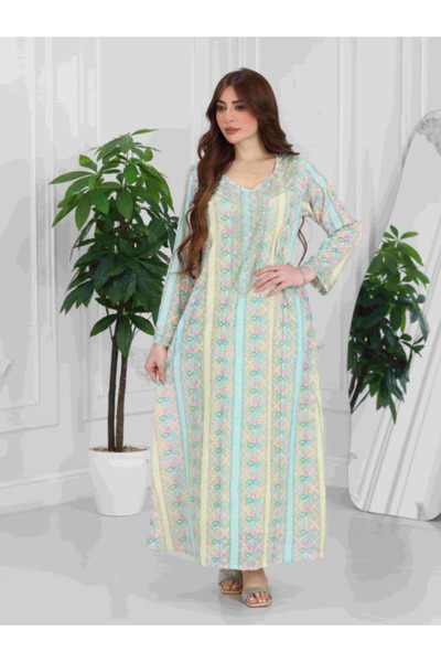 Nice Model Elegant Floral Print Maxi Dress Long Sleeve V-Neck Cotton Casual Summer Dress for Women Plus Size