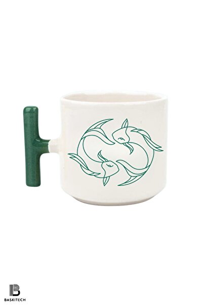 FenerciHediyelik كوب بمقبض على شكل حرف T باللون الأخضر مطبوع عليه برج الحوت
