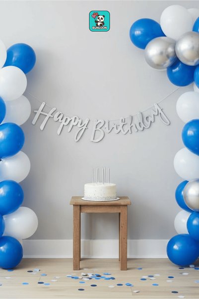 Bunloon Kaligrafi Banner Silver Happy Birthday 110 cm Party and Birthday Lettering Party Decoration