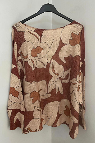 AYASOFYA OTANTIK Γυναικείο πουλόβερ με μανίκια με λουλουδάτο σχέδιο, ιταλικό καφέ ασημί, μερσεριζέ