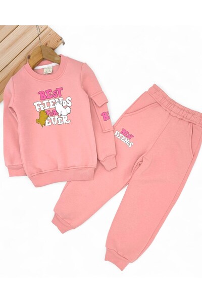 Egelite Girl's Winter Tracksuit Set, Ages 2-3-4-5-6, 3 Threads, Fleece-Lined Printed Pockets, Detailed Tracksuit Set