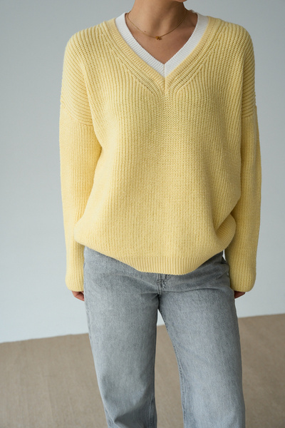 LOOSH Kadın Sarı V Yaka Oversize Dokulu Kazak