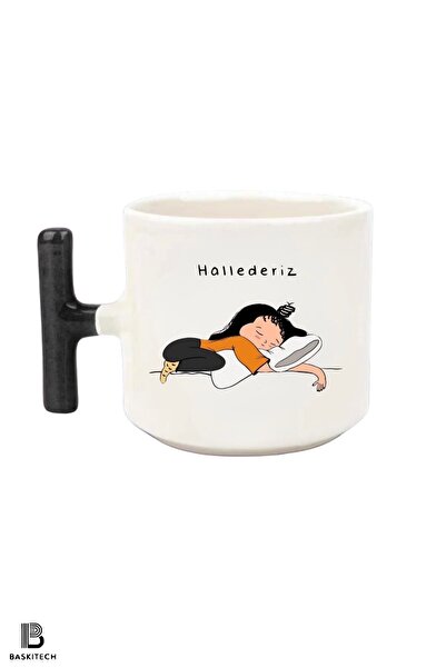 FenerciHediyelik كوب بمقبض على شكل حرف T أسود مطبوع من Hallederiz