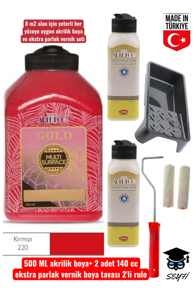 SEYFİKİRTASİYE 500 ml Multi Surface Akrilik boya 2 adet 140 ML parlak vernik ...